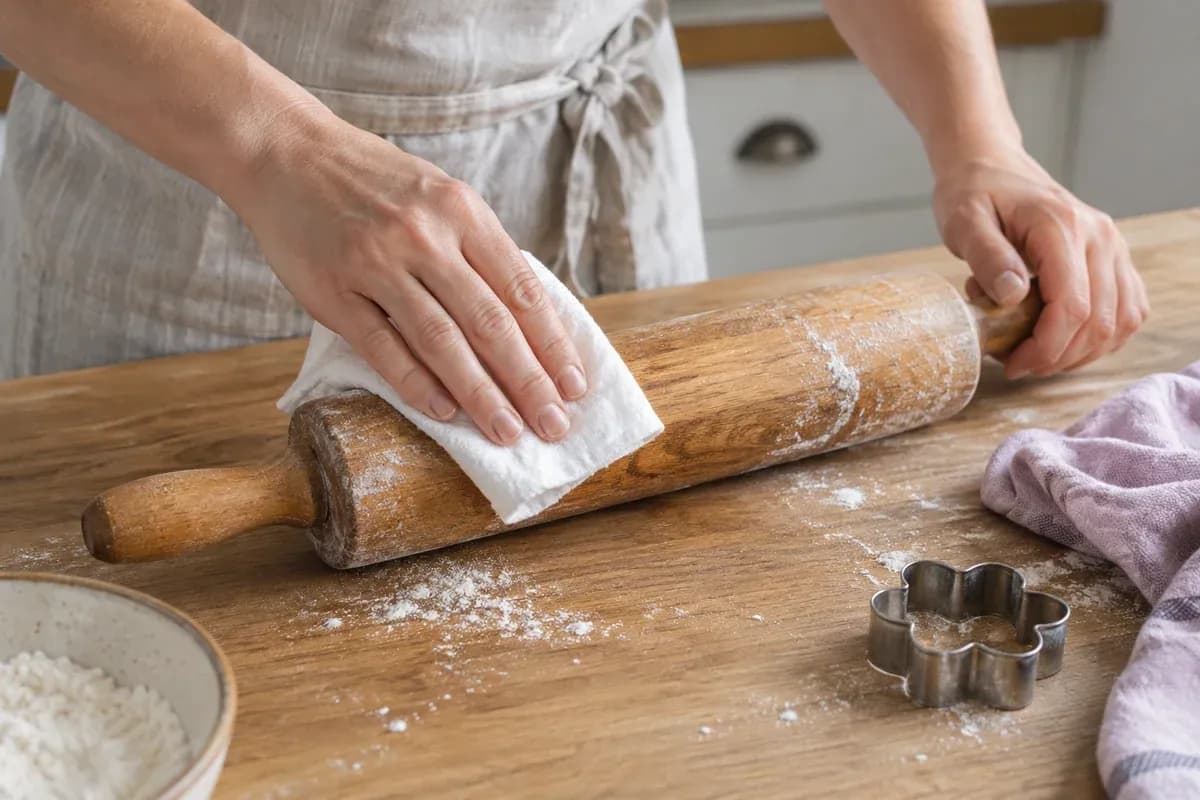 A wooden rolling pin being wiped after baking.