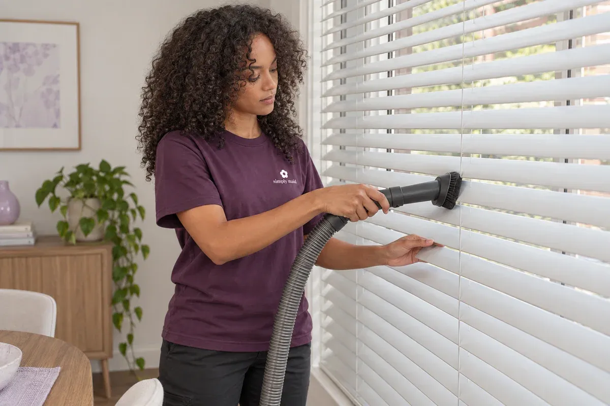 A cleaner uses a soft vacuum brush on a venetian blind.