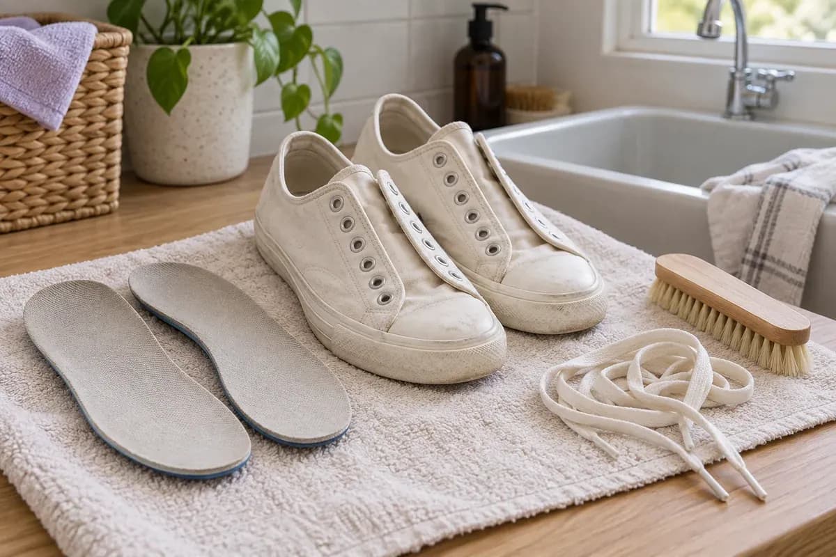 Canvas shoes with their laces and removable insoles set beside them.
