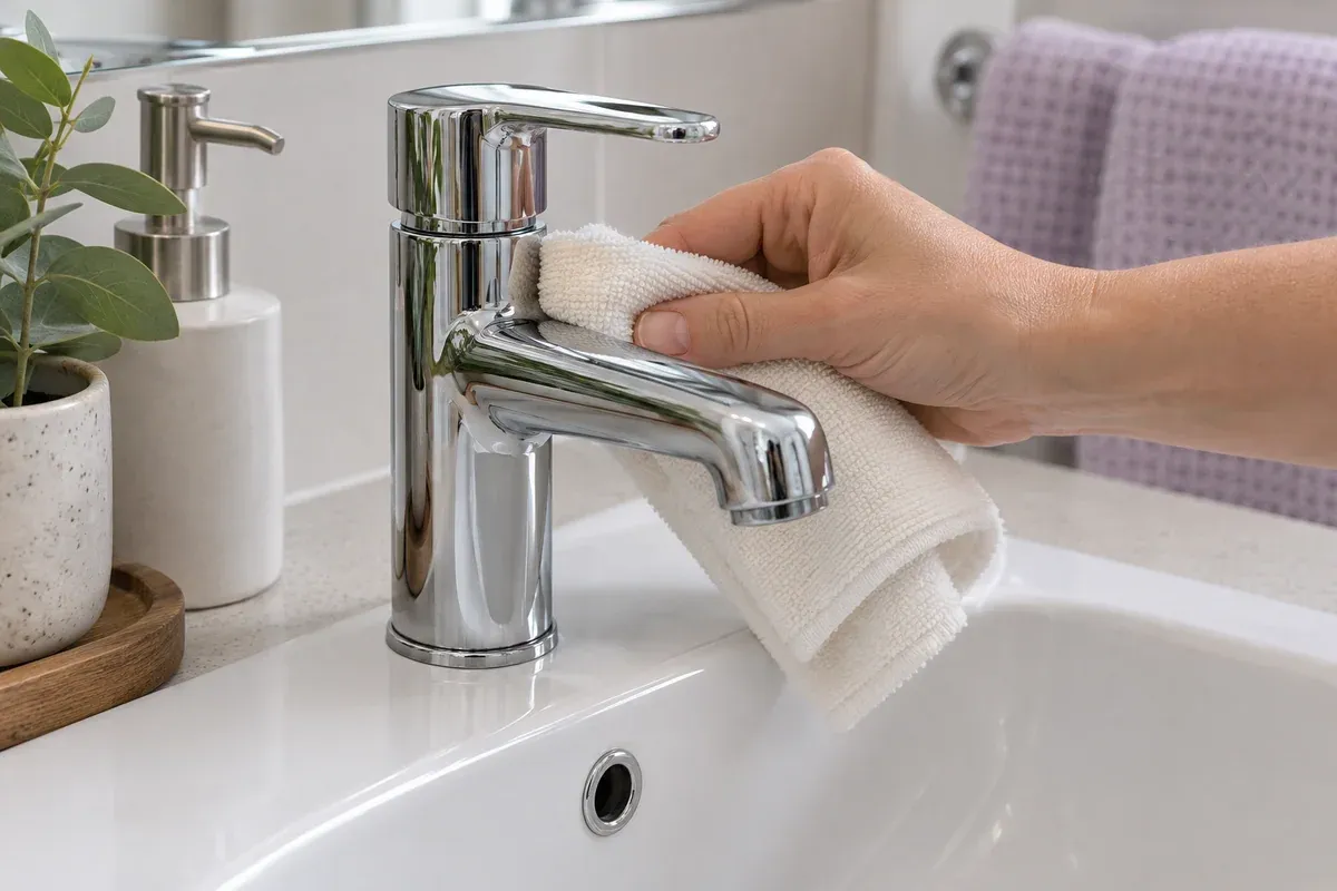 A soft cotton cloth wrapped gently around a chrome tap spout.