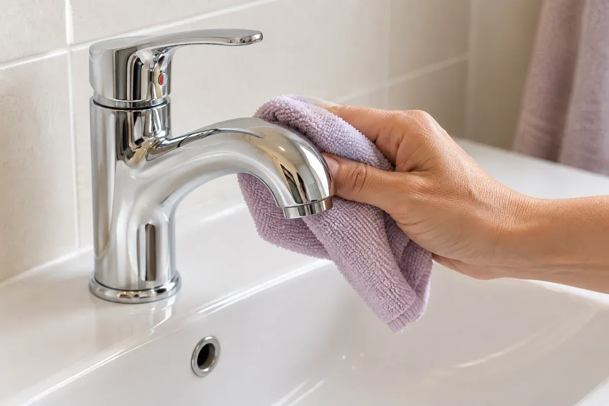 A hand gently wiping a chrome basin tap with a lilac cloth.