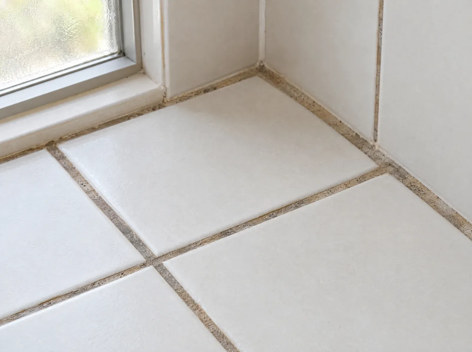 Evenly grey-brown grout lines between clean white floor tiles, with no black spots, in a corner beside a window.
