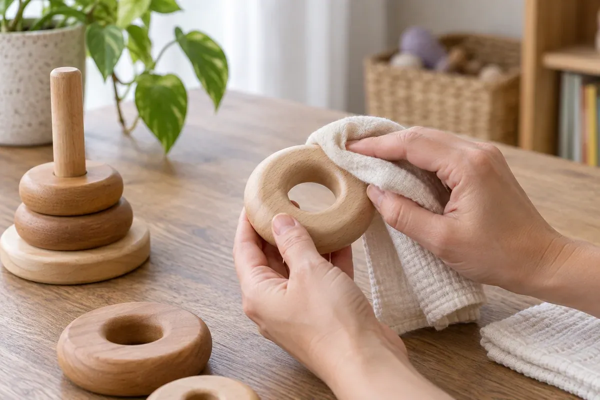 A wooden toy wiped gently with a cloth.