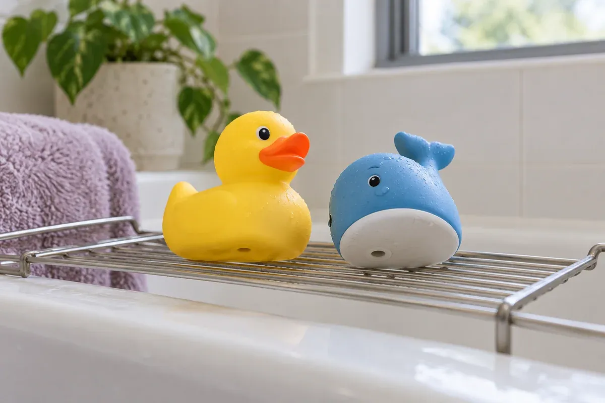 A yellow rubber duck and blue whale resting on a rack across a bath.