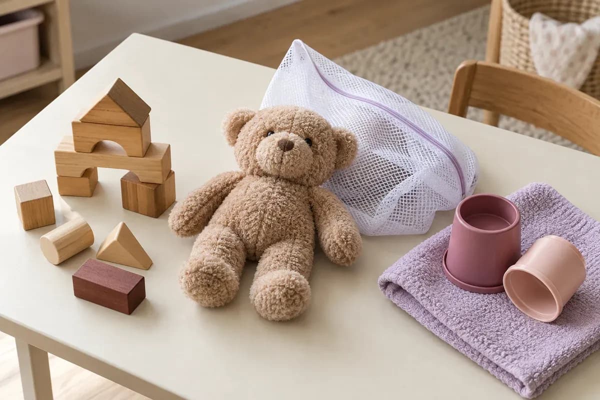 Wooden, fabric and plastic toys set apart for different cleaning needs.