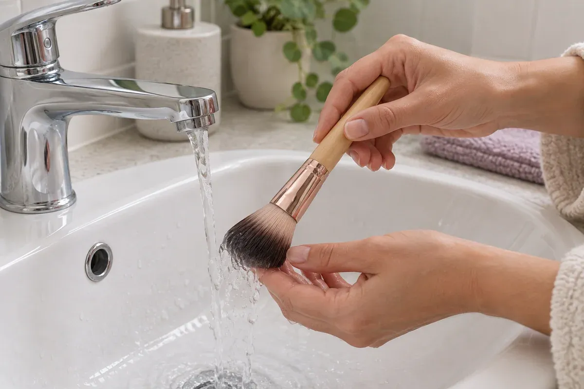 A makeup brush held bristles-down so water stays away from its handle and ferrule.