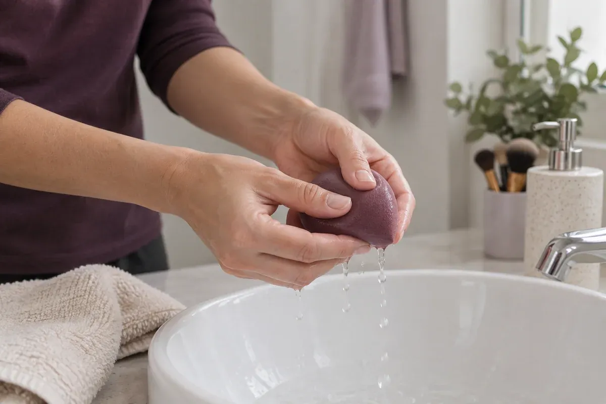 Hands gently squeezing water from a damp makeup sponge over a basin.