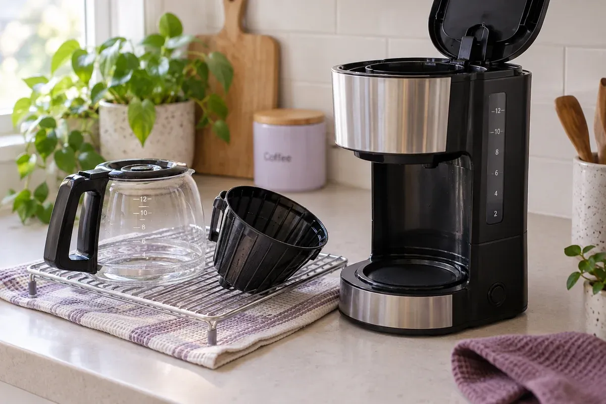The removable parts of a drip coffee maker air drying separately.