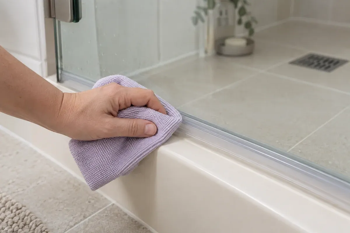 A cloth wiping the lower rail and seal of a shower screen.