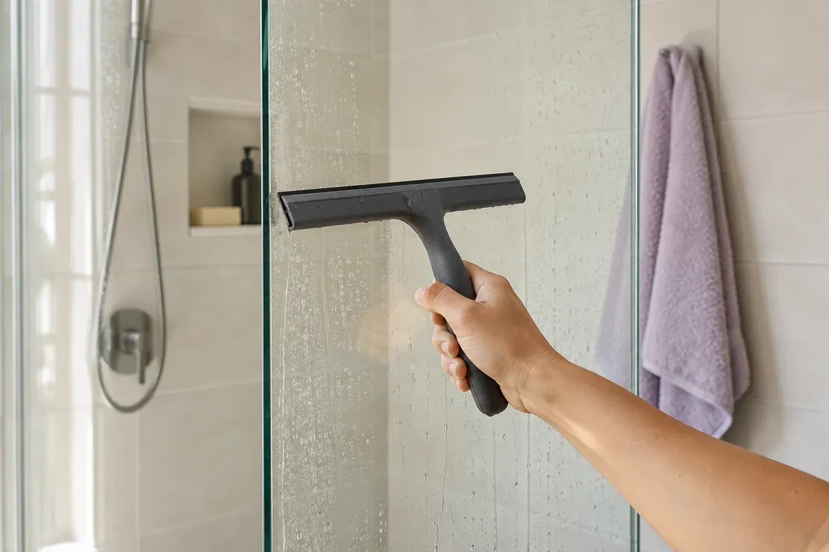 A squeegee held against a shower-glass panel with a few water droplets.