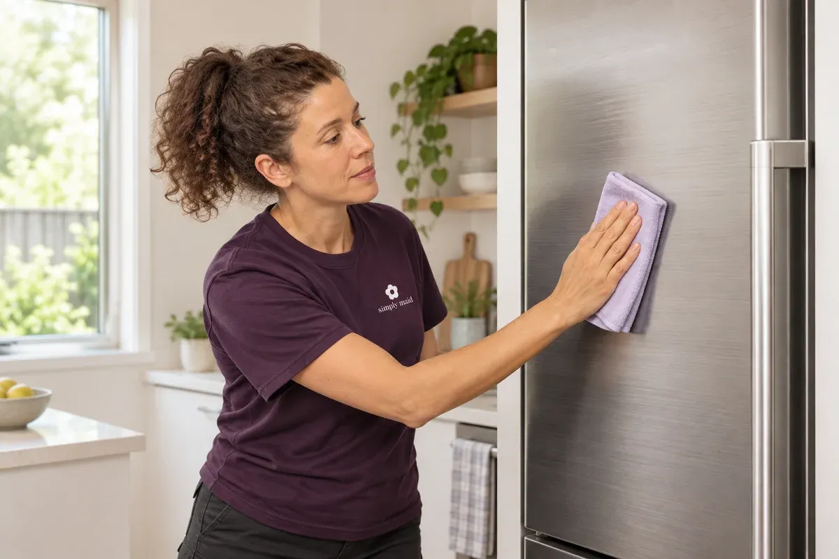 A cleaner wipes a brushed stainless steel door along its grain.