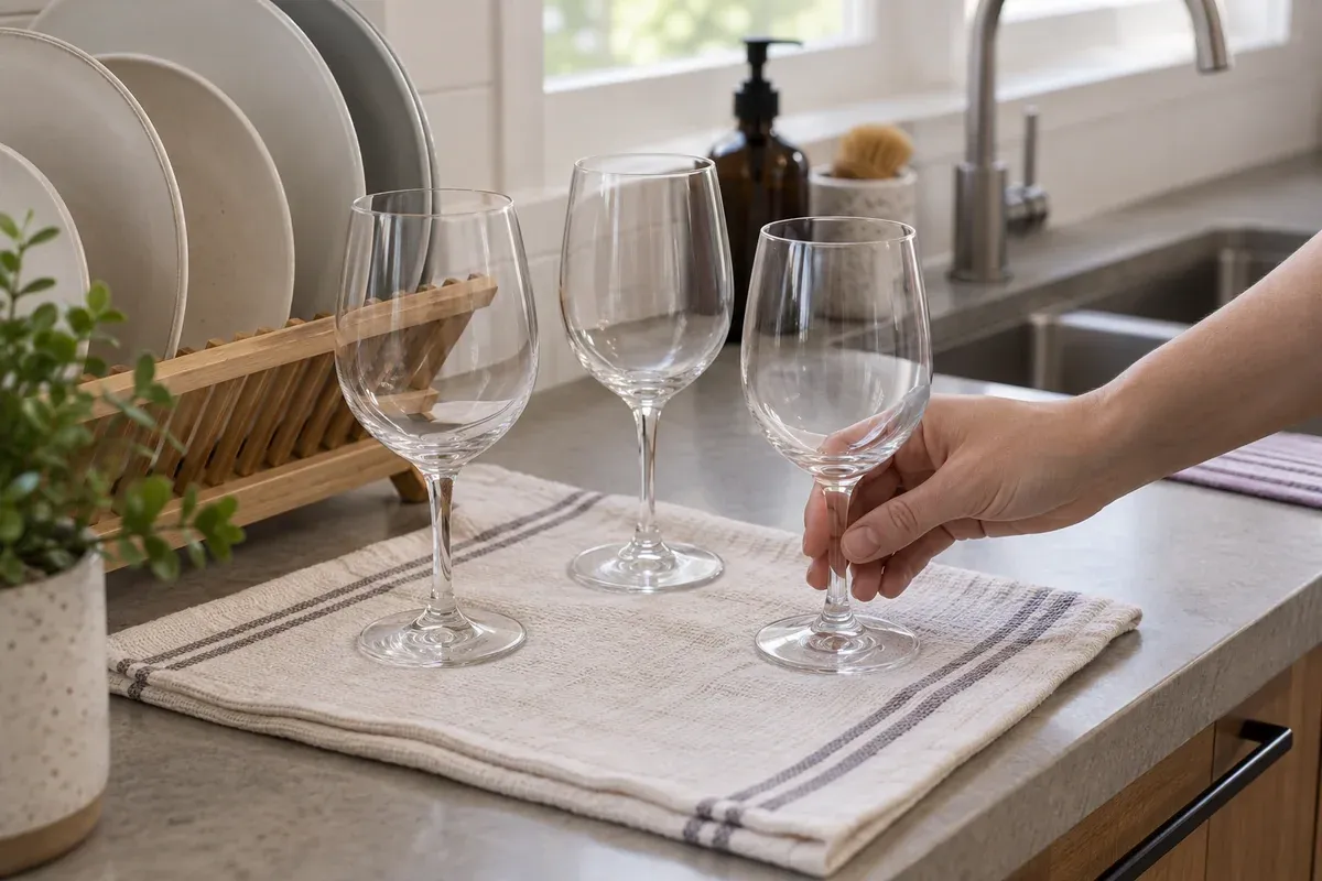 Glasses kept separate from plates during the post-party cleanup.