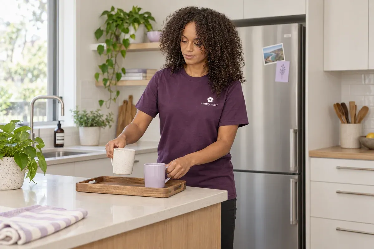 A cleaner clears everyday items from a kitchen work surface.