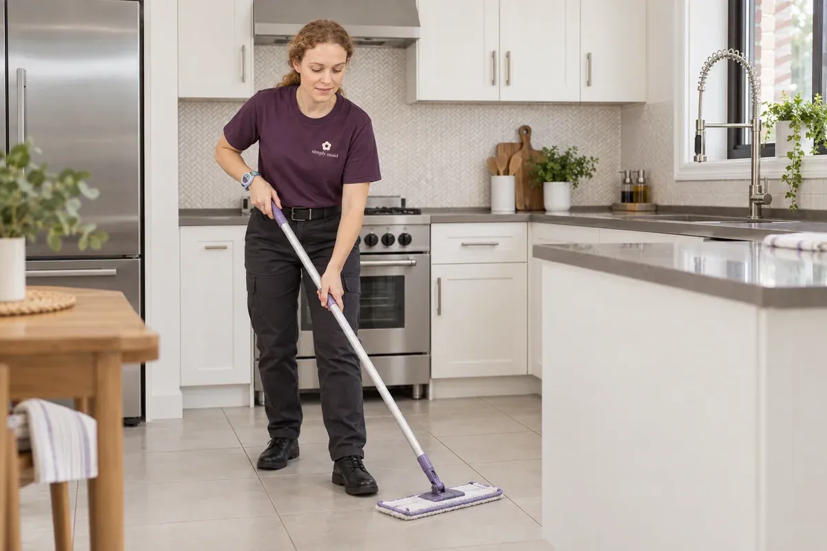 A cleaner uses a flat mop on a tiled kitchen floor.