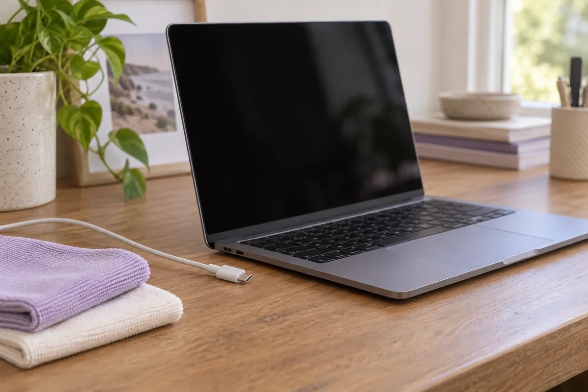 A powered-off laptop with its charger disconnected and soft cloths nearby.