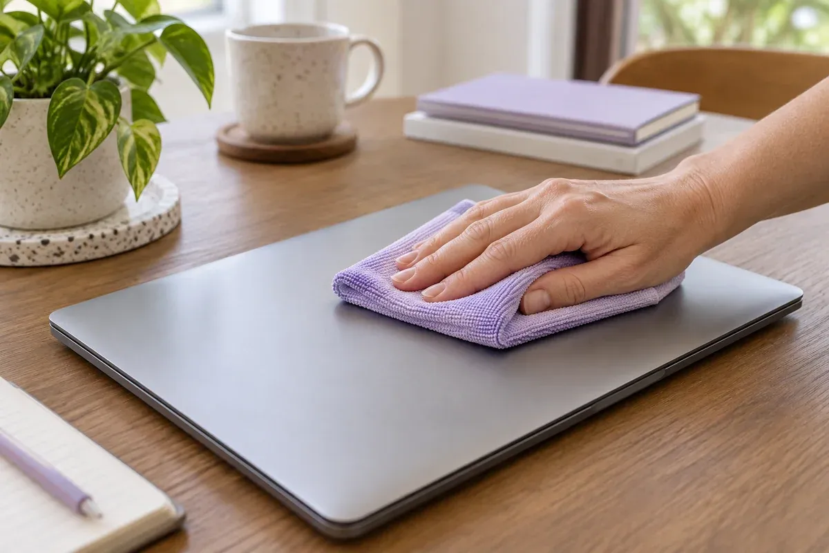 A folded cloth wiping the closed lid of an unplugged laptop.