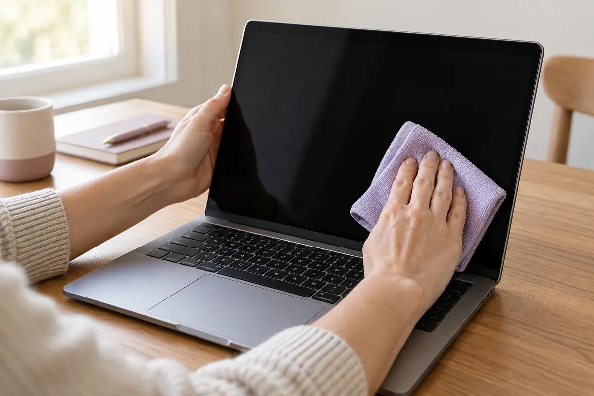 A switched-off laptop screen being gently wiped with a microfibre cloth.