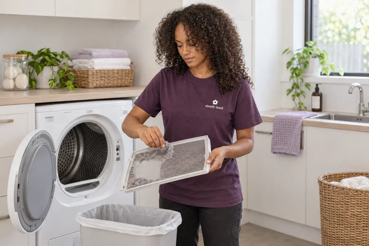 A cleaner removes lint from a dryer's removable lint screen.