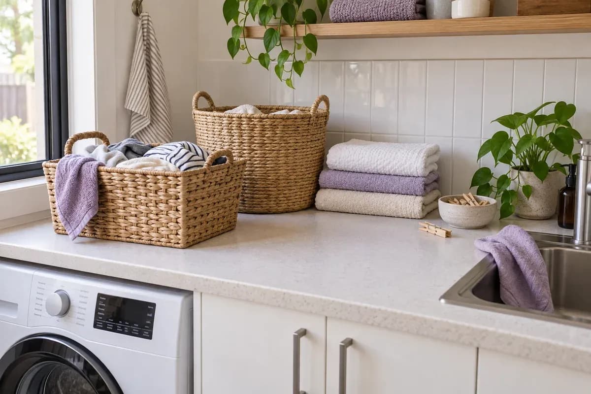 Two sorting baskets and folded towels on a laundry bench.