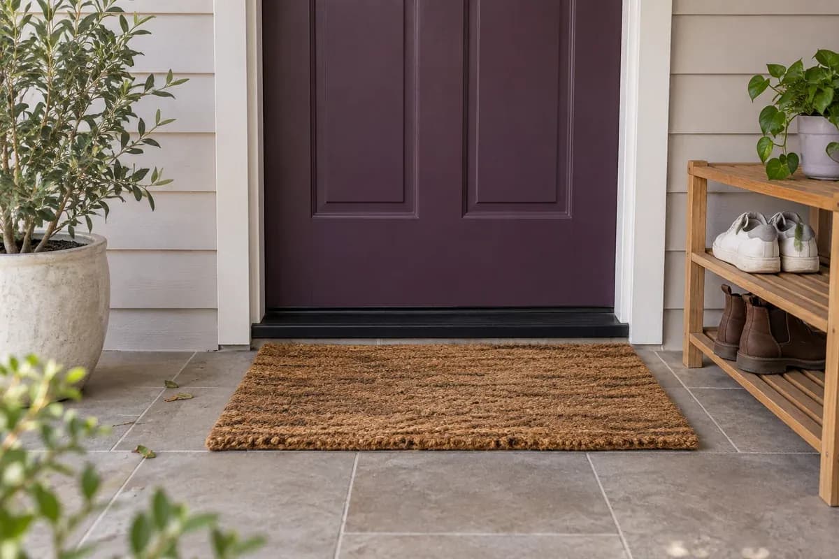 A coir doormat and small shoe rack at a sheltered entrance.