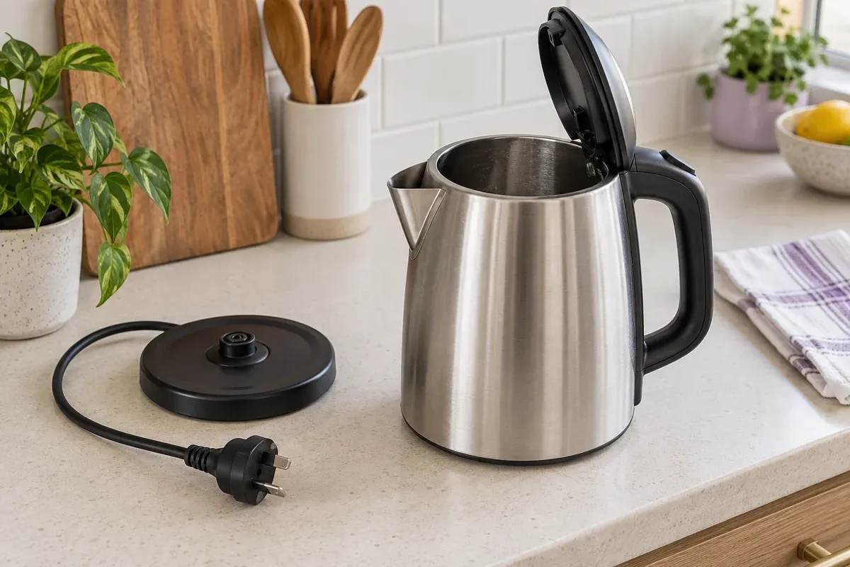 A cool empty kettle sits beside its unplugged power base.