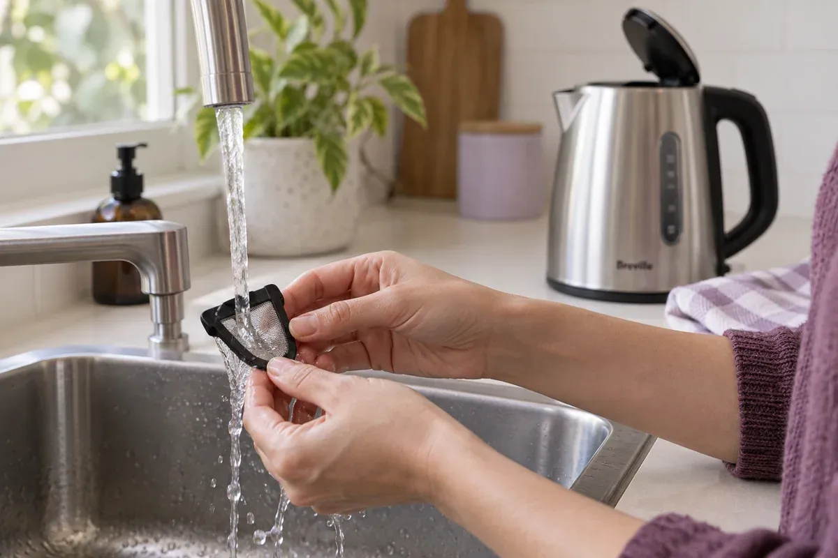 A removable kettle spout filter is rinsed at the sink.