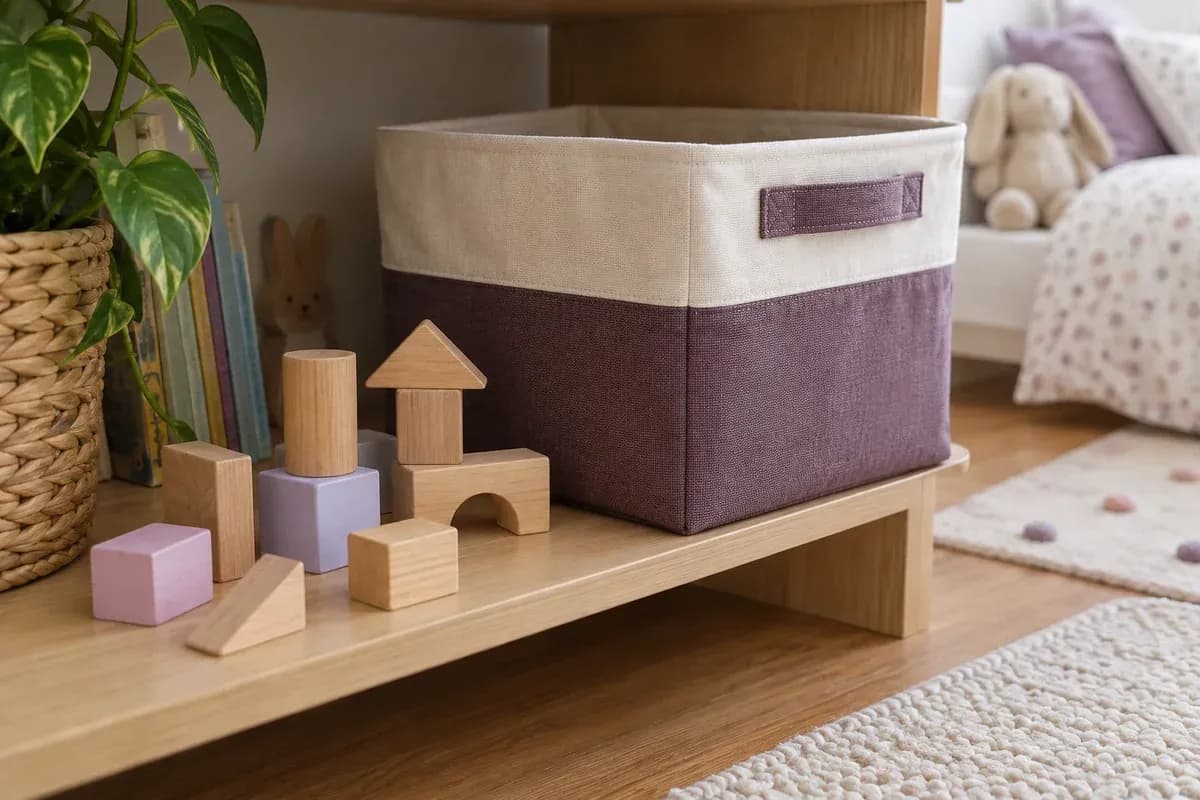 Wooden blocks beside an easy-to-reach storage bin.