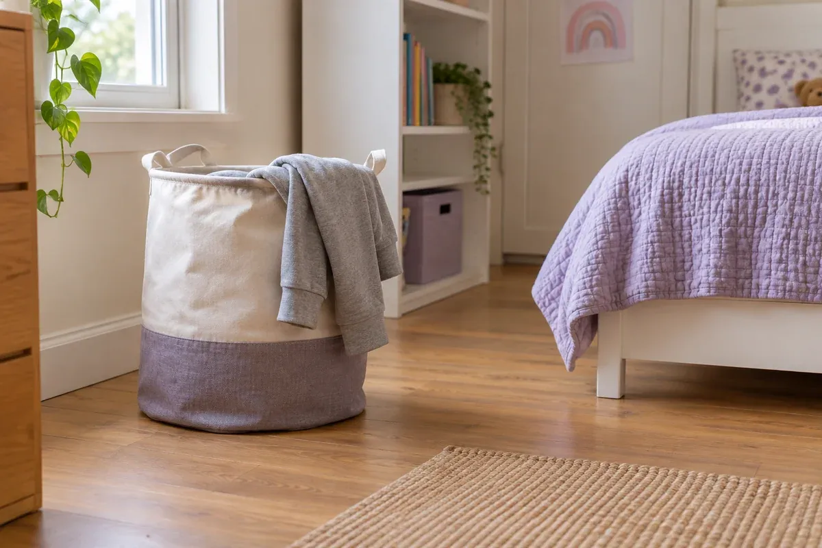 A small laundry hamper ready for clothes left around the room.