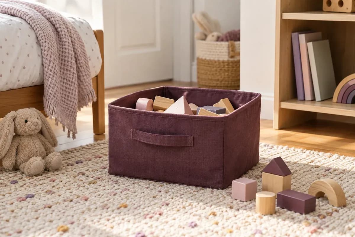 A low storage bin and reachable bookshelf in a child's room.