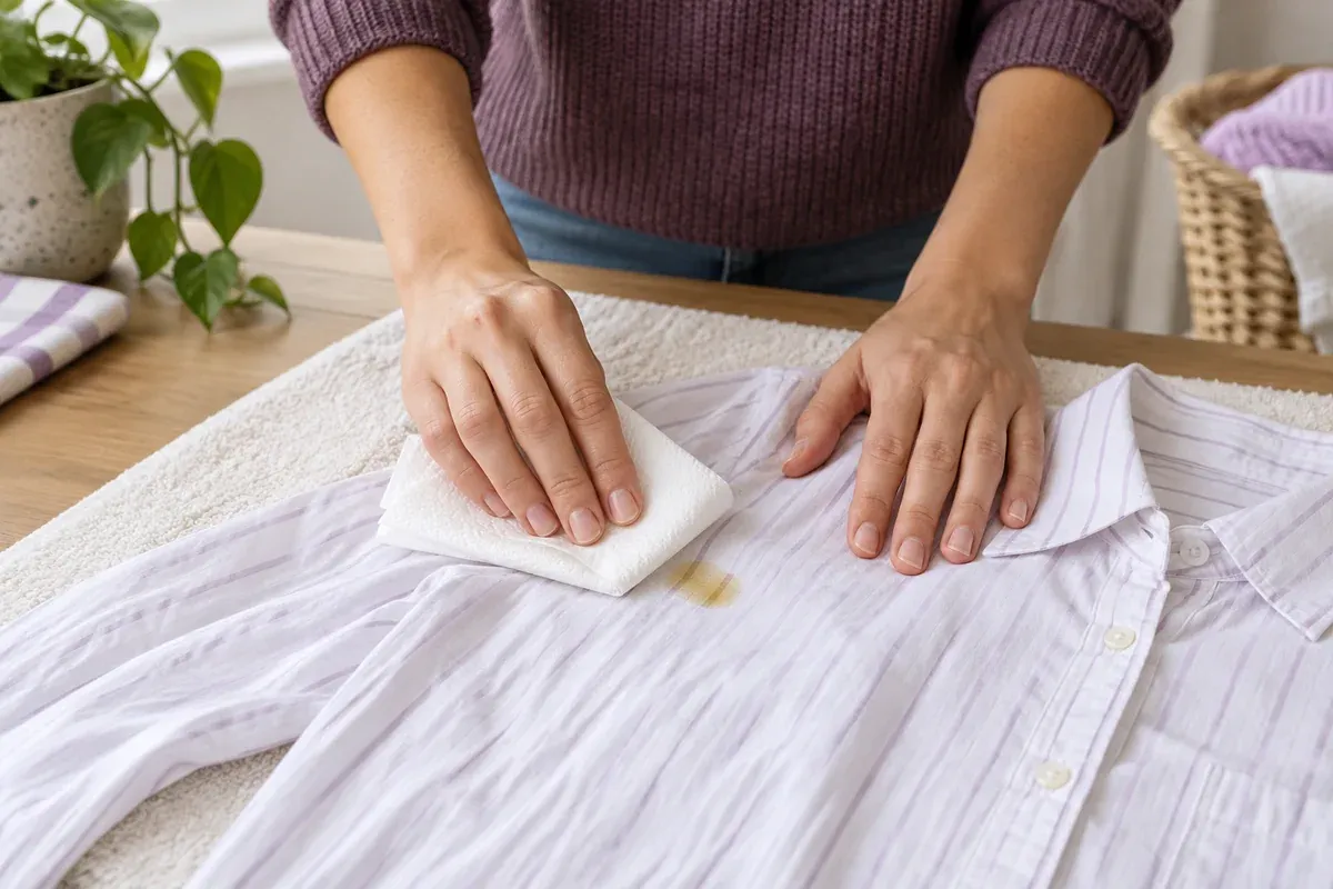 A paper towel is pressed against a small oil mark on a cotton shirt.