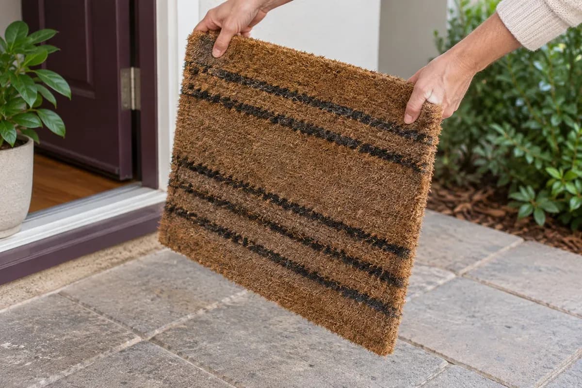 An entry mat held outdoors for a shake.