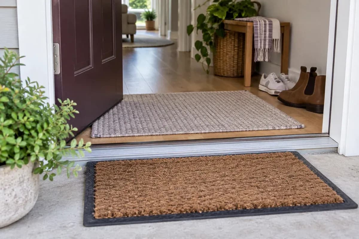 Two mats and a place for shoes at a home entrance.