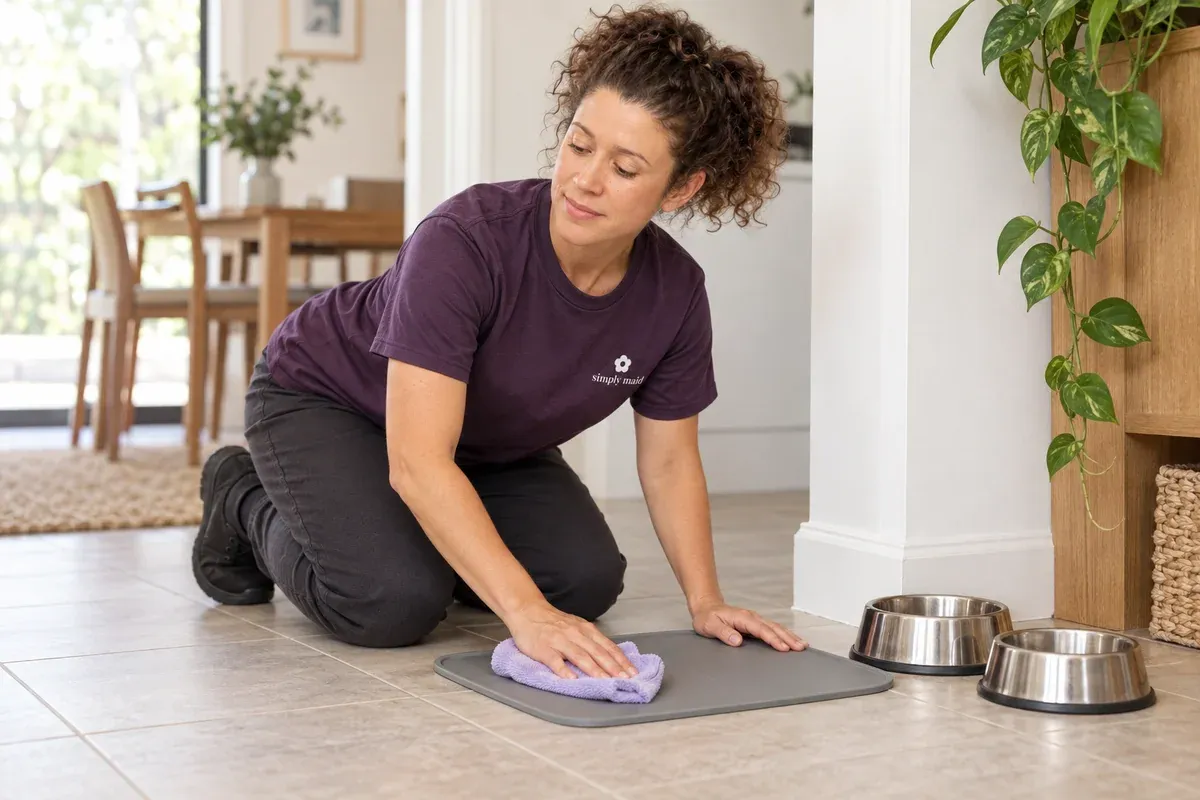 A cleaner wipes a feeding mat beside two empty pet bowls.