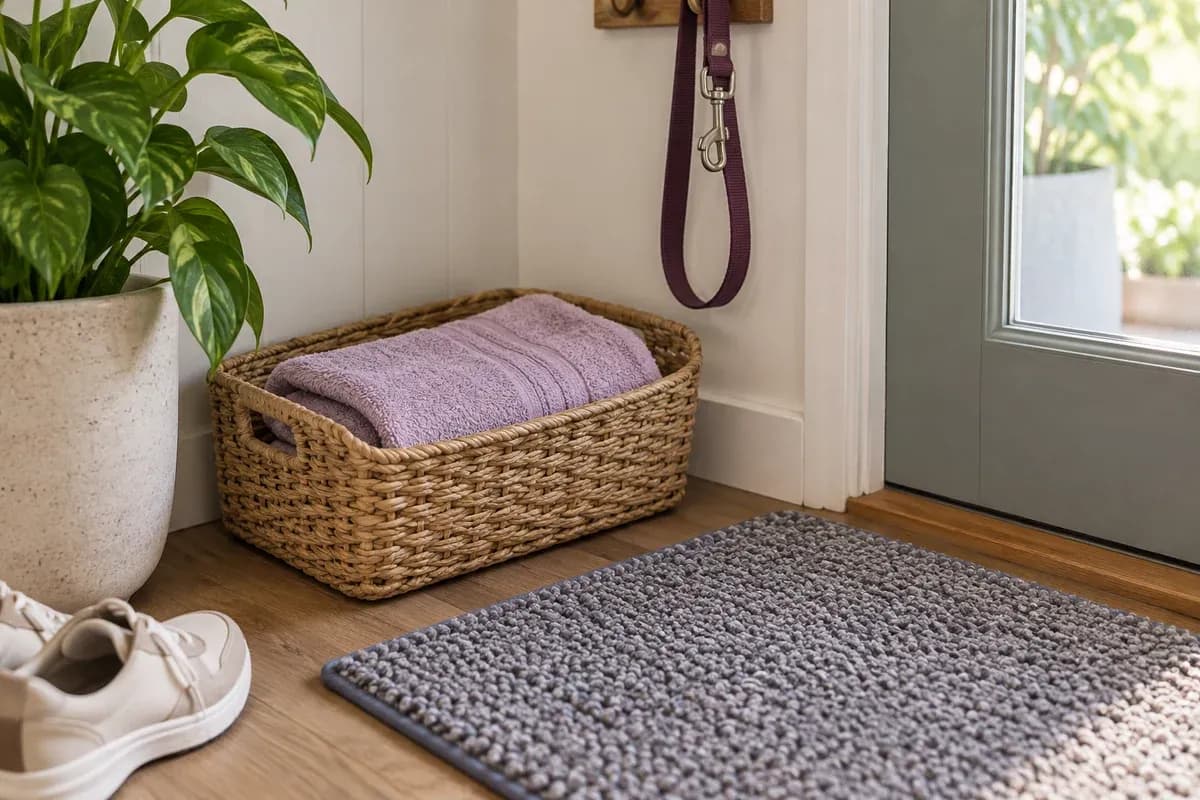 A towel and mat kept near the entrance for muddy paws.