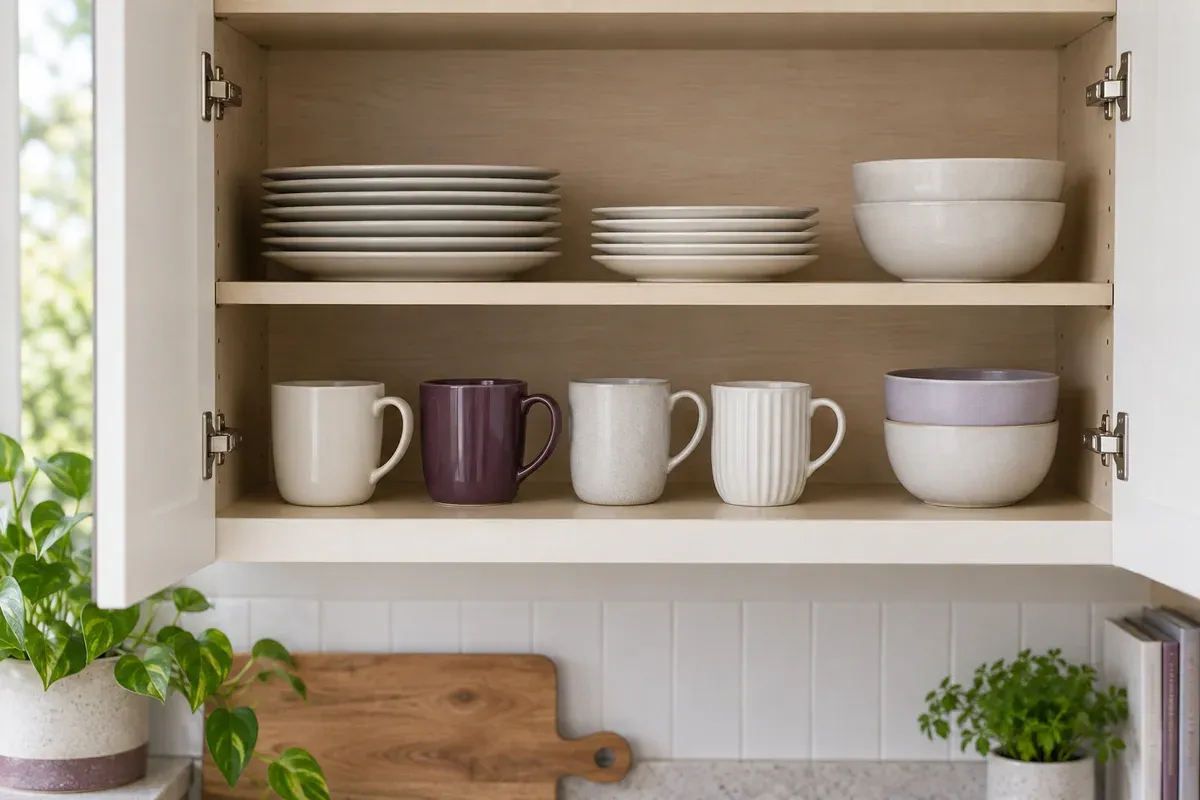Everyday plates, bowls and mugs grouped in a kitchen cabinet.
