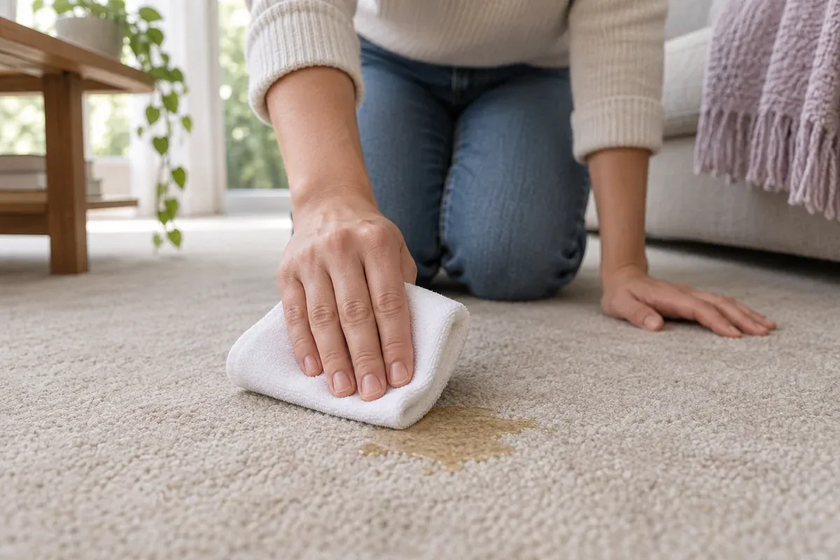 A folded white cloth is pressed onto a small carpet spill.