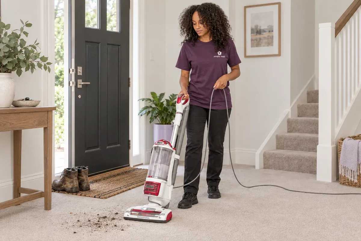 A cleaner vacuums dry dirt from carpet near an entry mat.