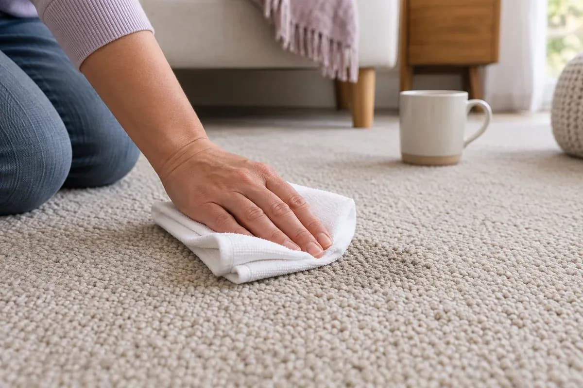 A white cloth blotting a small spill on carpet.