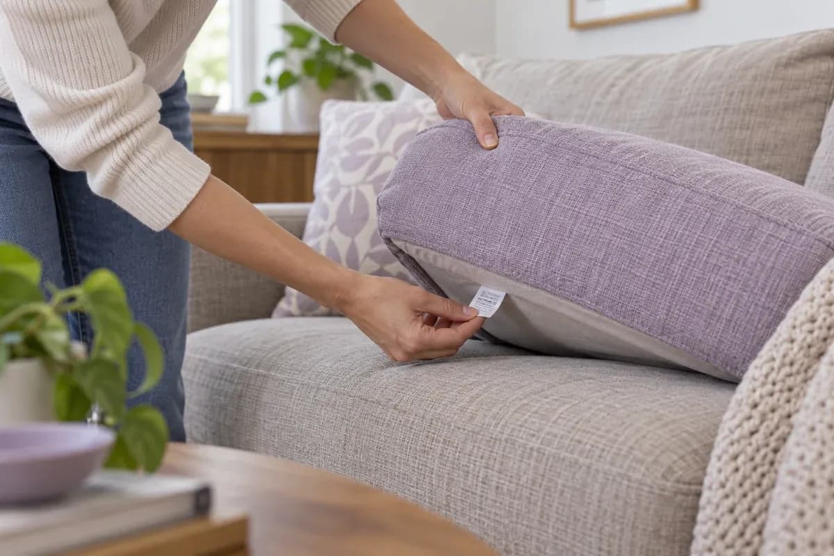Hands locate a care label beneath a sofa cushion.