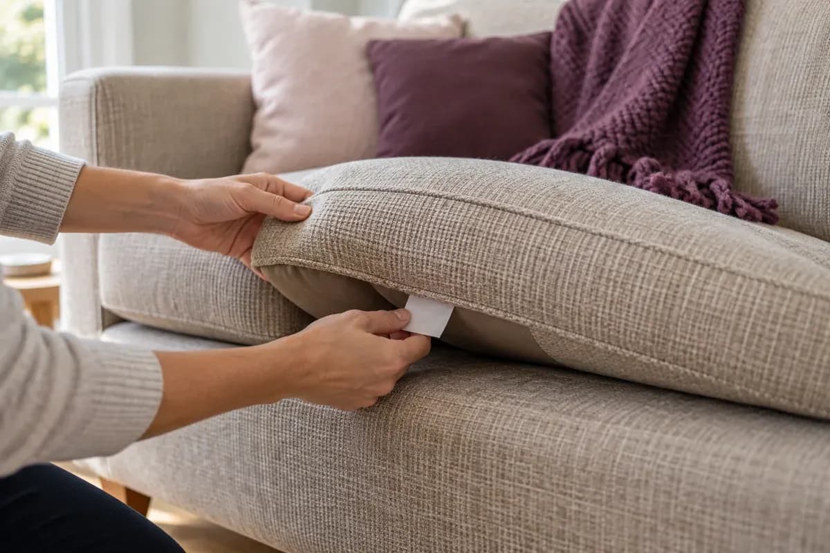 A sofa cushion lifted to find its care label.