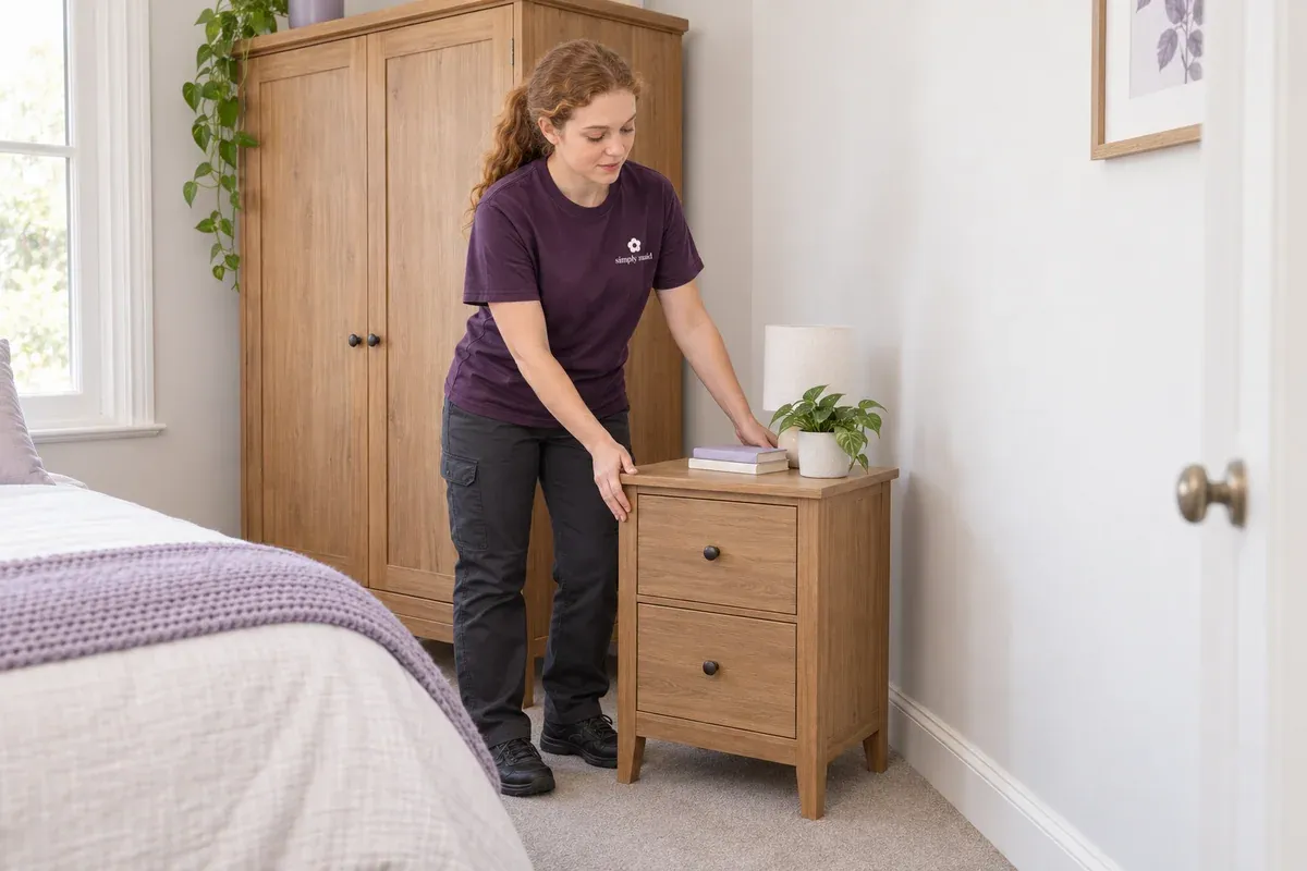 A cleaner leaves a small gap between a bedside cabinet and the wall.