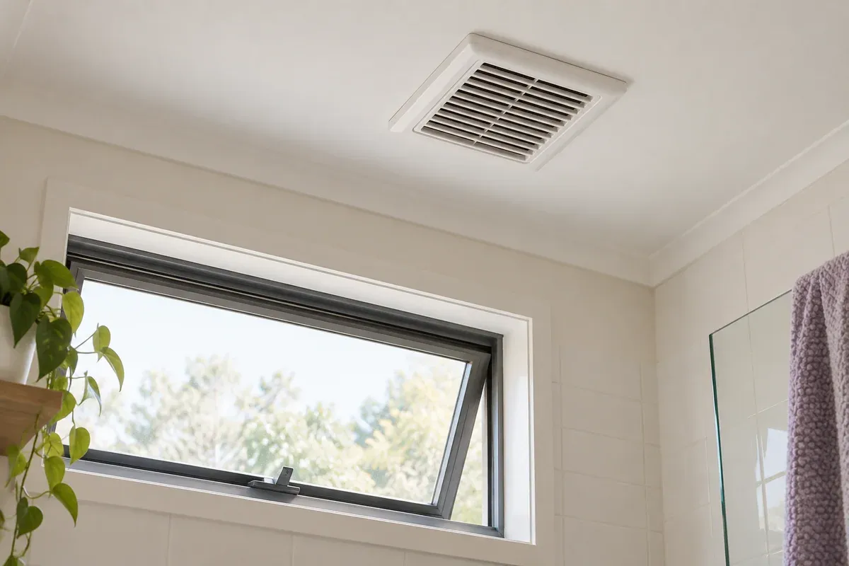 A bathroom exhaust grille and an open window in a dry bathroom.