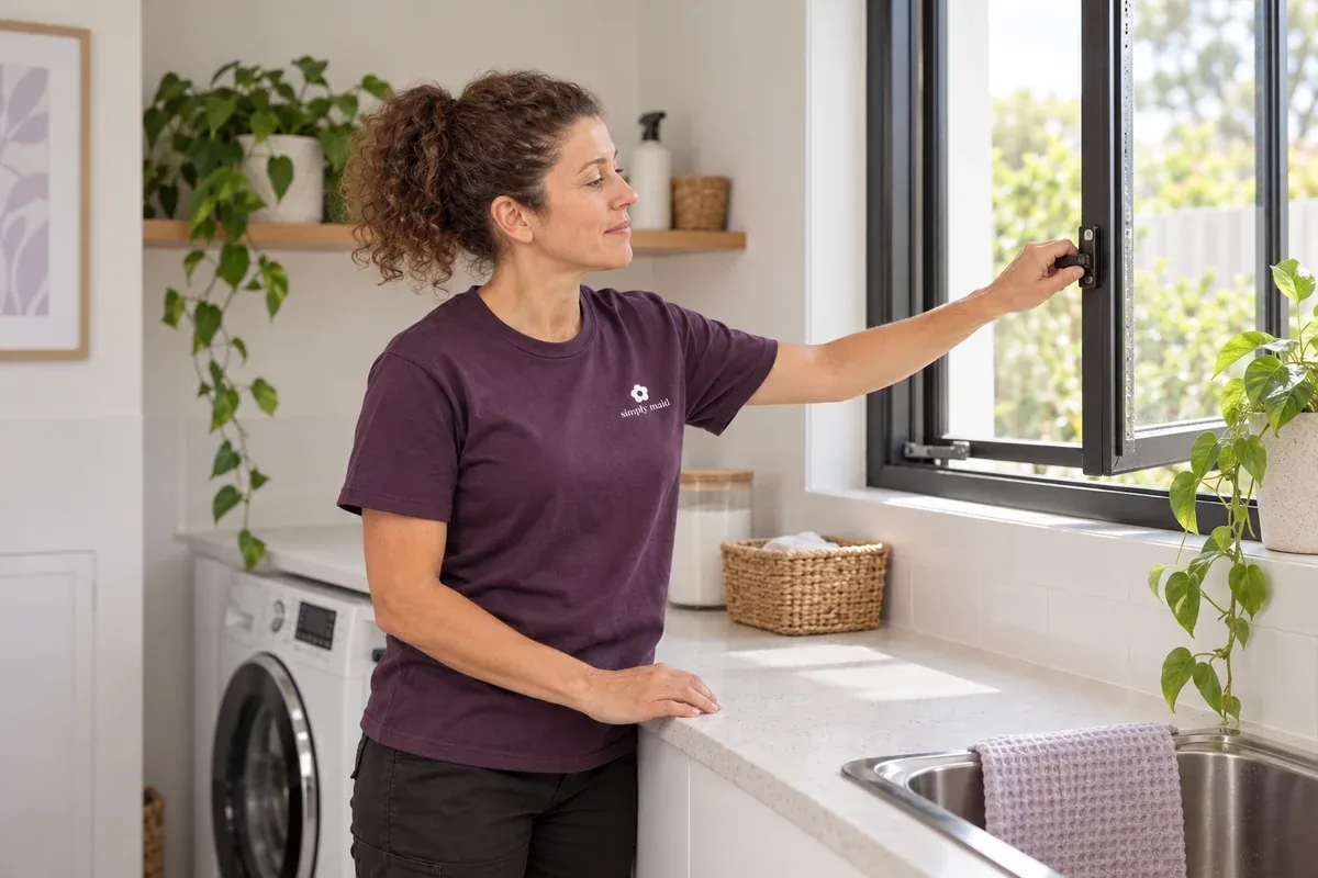 A cleaner opens a laundry window to help ventilate the room.