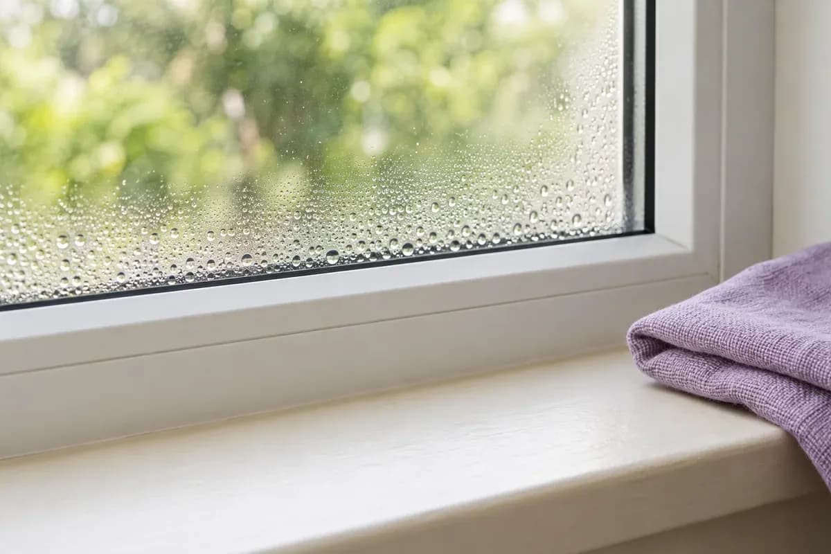 Small condensation droplets along the lower inside edge of a window.