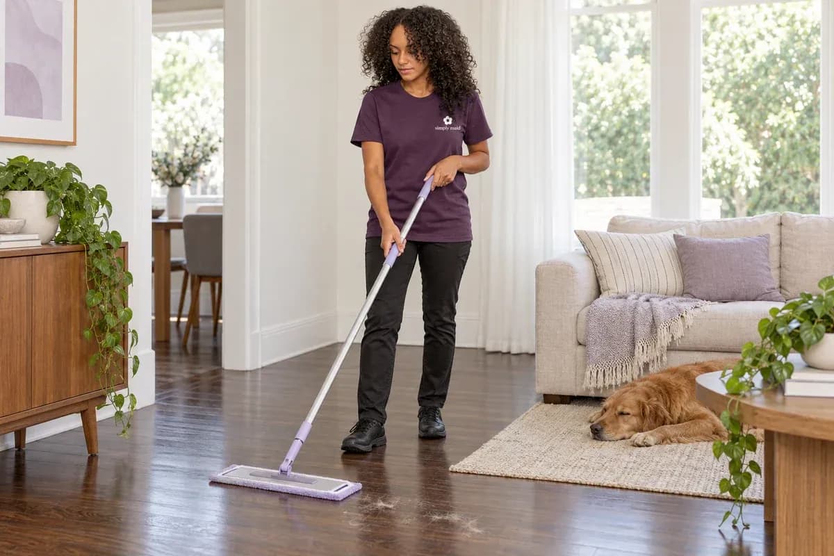 A cleaner uses a dry microfibre mop on a timber floor.