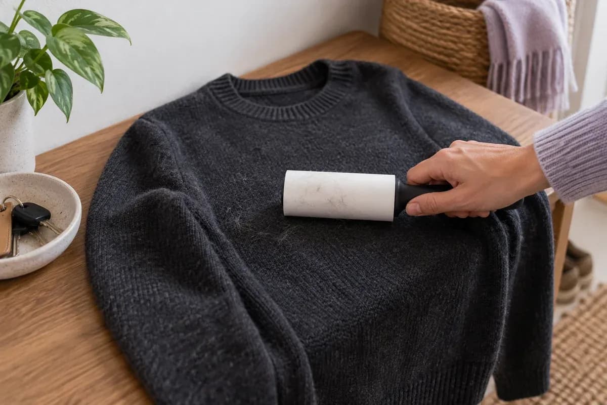 A lint roller used on a charcoal jumper.