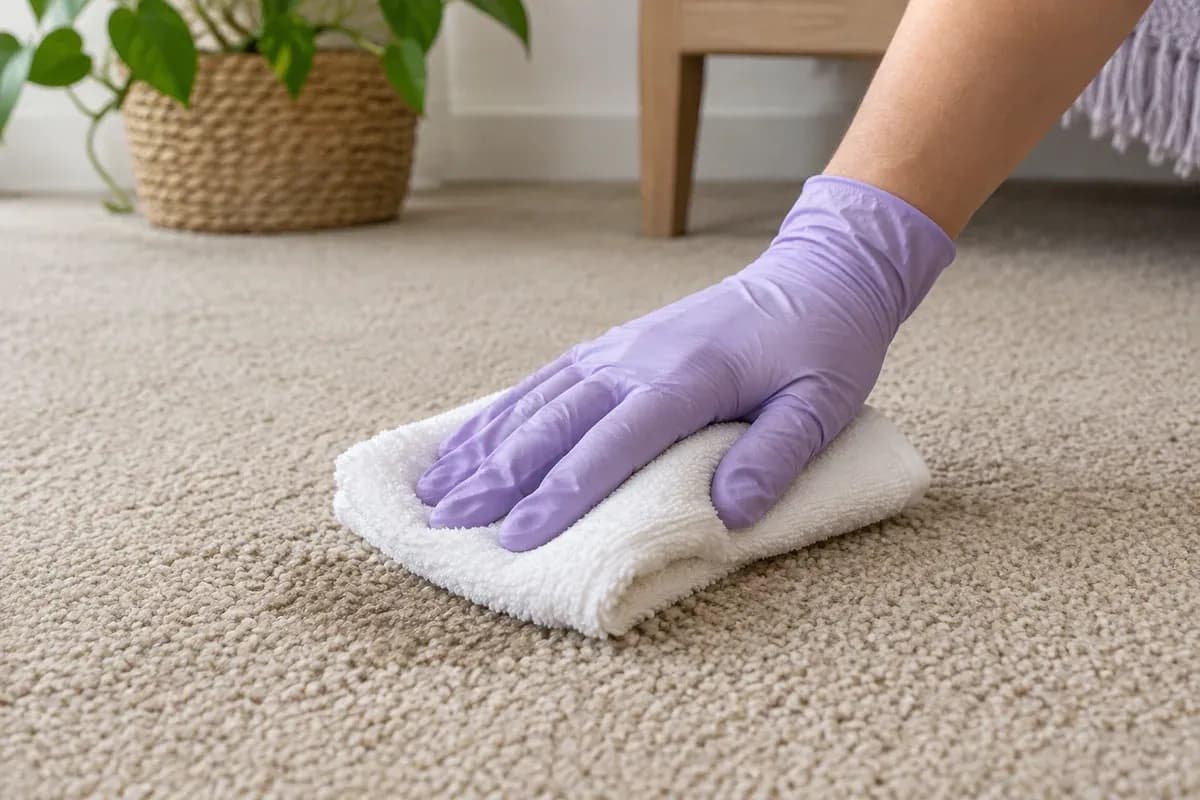 A folded towel pressed onto a damp patch of carpet.
