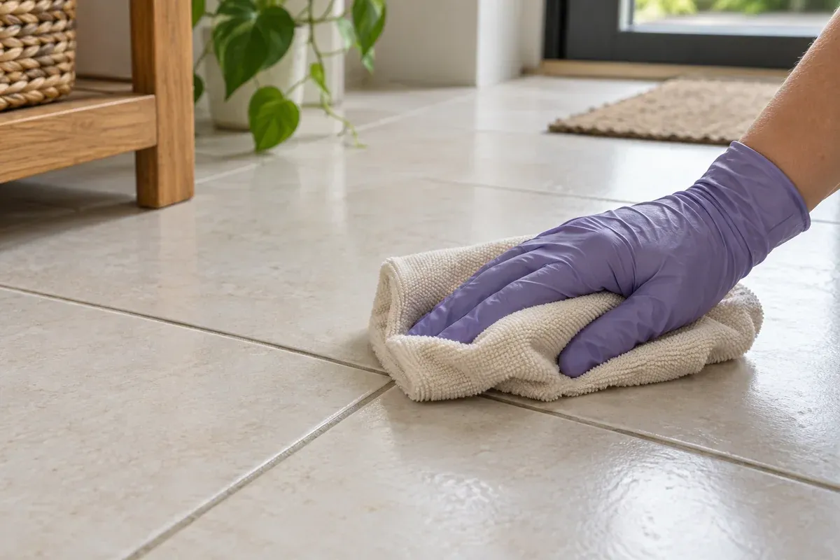 A cloth drying a ceramic floor tile and its grout joint.