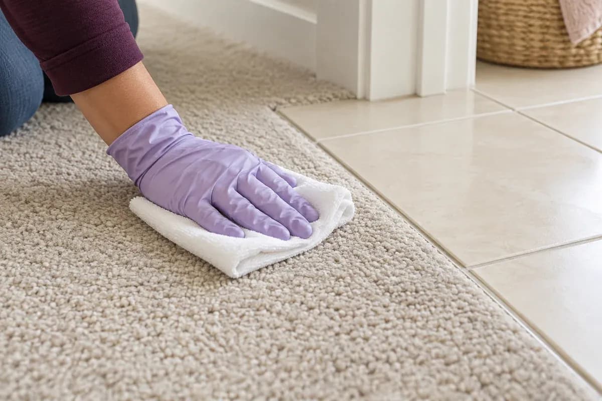 A gloved hand blotting carpet beside a tiled threshold.