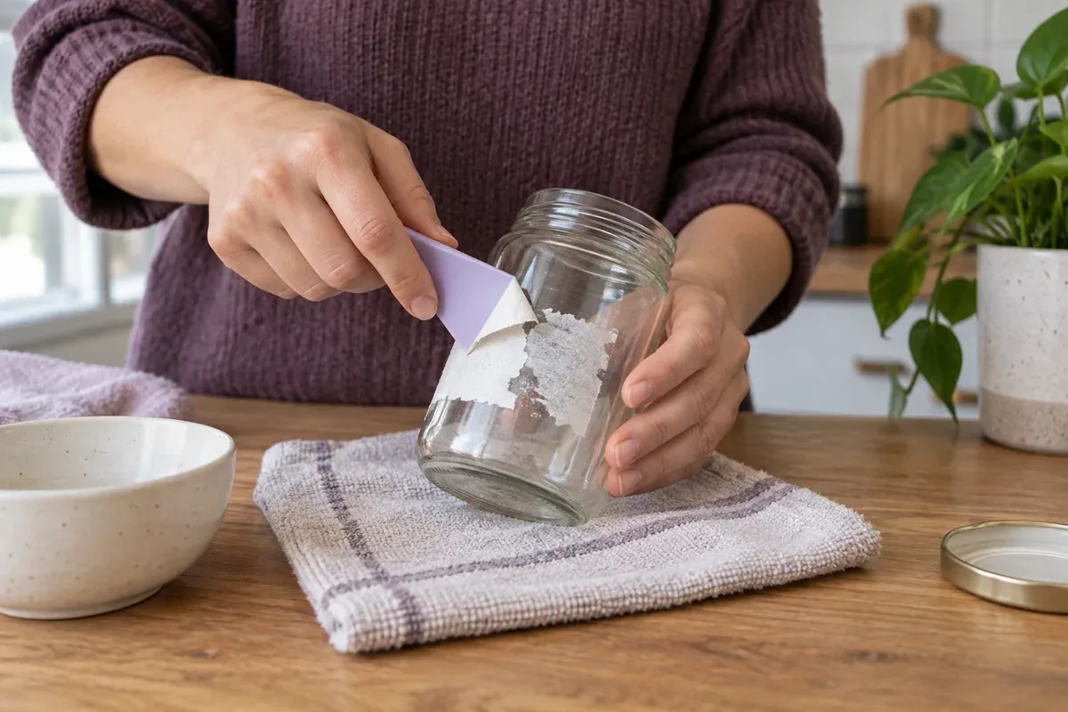 A plastic scraper lifts a paper-label corner from a glass jar.